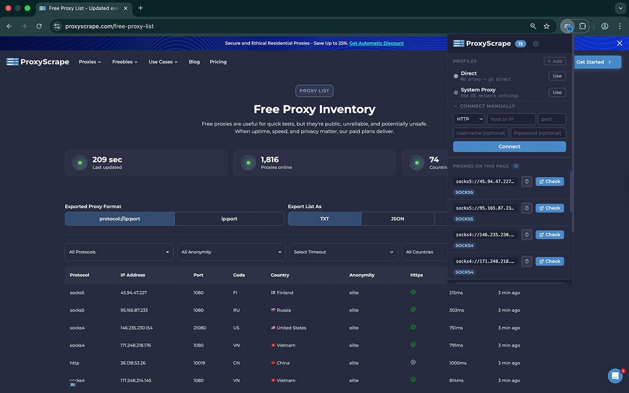 ProxyScrape Proxy Manager extension interface, screenshot 1 of 5